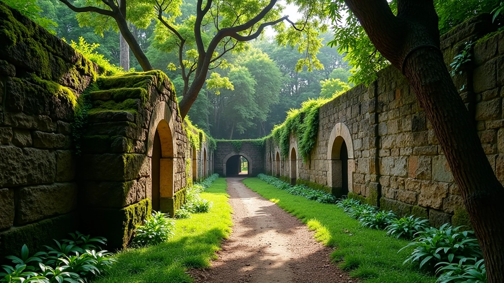 Ruinas de piedra de la misión jesuita cubiertas parcialmente de musgo y vegetación, arcos de piedra visibles entre los árboles, luz matutina filtrándose entre el follaje