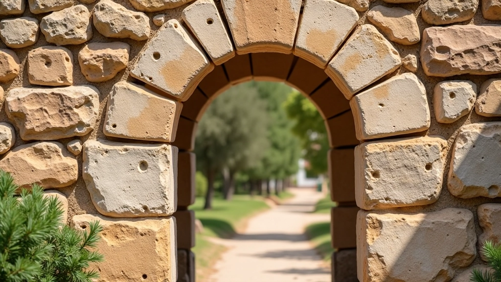 Detalle de la puerta de piedra restaurada con marcas de herramientas antiguas visibles