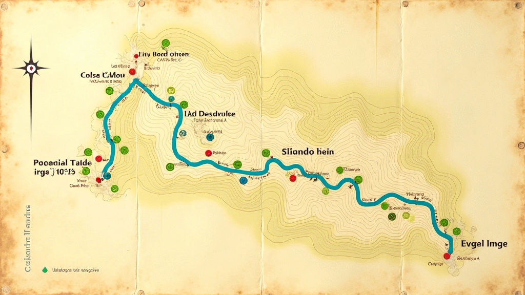 Mapa detallado de las tres rutas principales con colores diferentes, puntos de interés marcados y distancias en kilómetros
