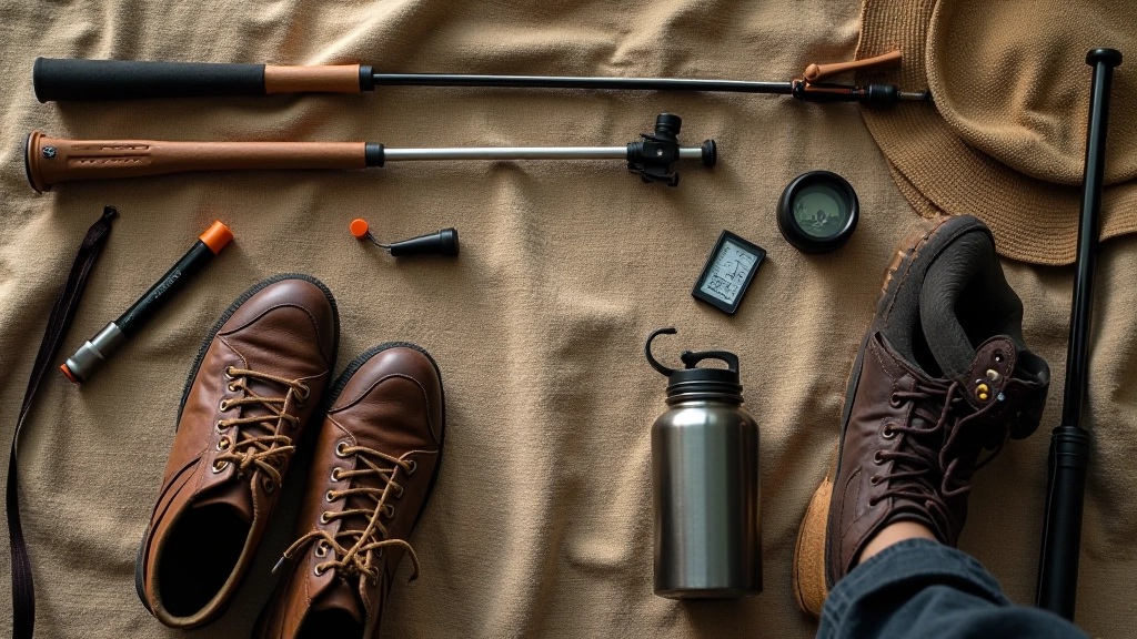 Equipamiento para caminata: mochilas, bastones y botella de agua sobre tela rústica