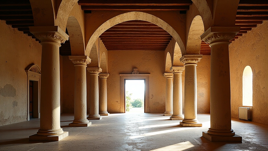 Interior del templo jesuita con columnas de piedra y bóvedas parcialmente reconstruidas