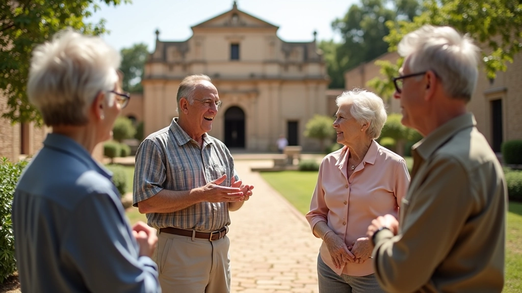 Grupo de personas adultas mayores escuchando explicación en sitio histórico