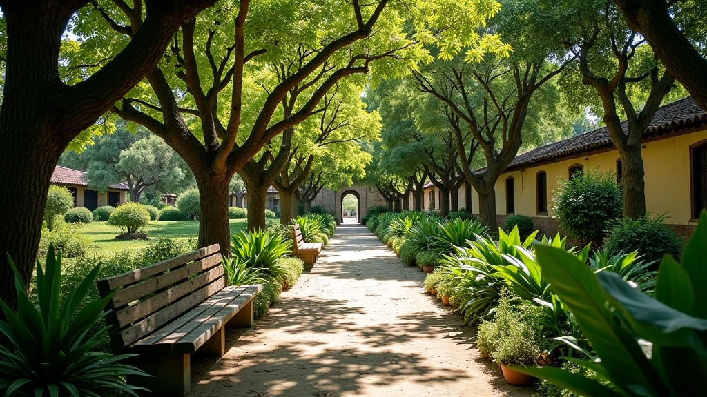Jardín colonial restaurado con plantas nativas y bancos de descanso bajo árboles