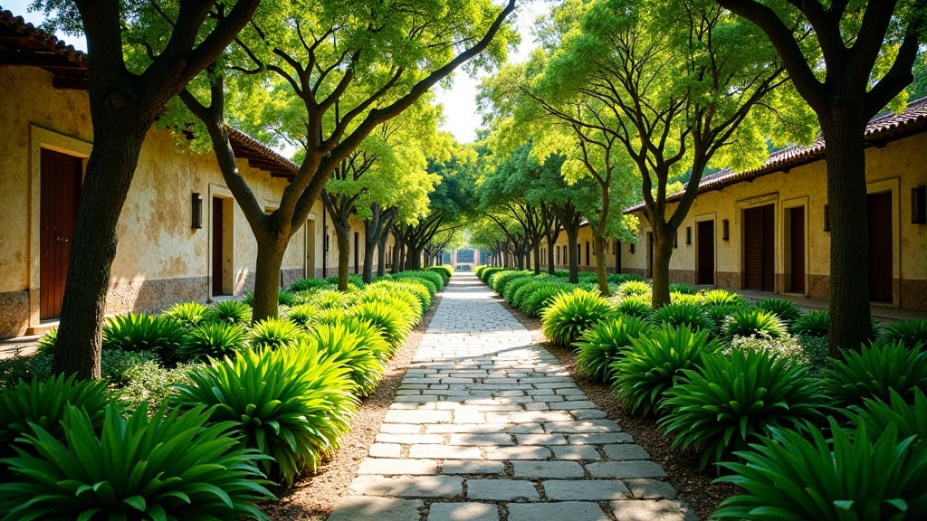 Jardines históricos restaurados con plantas medicinales nativas bajo cielo despejado
