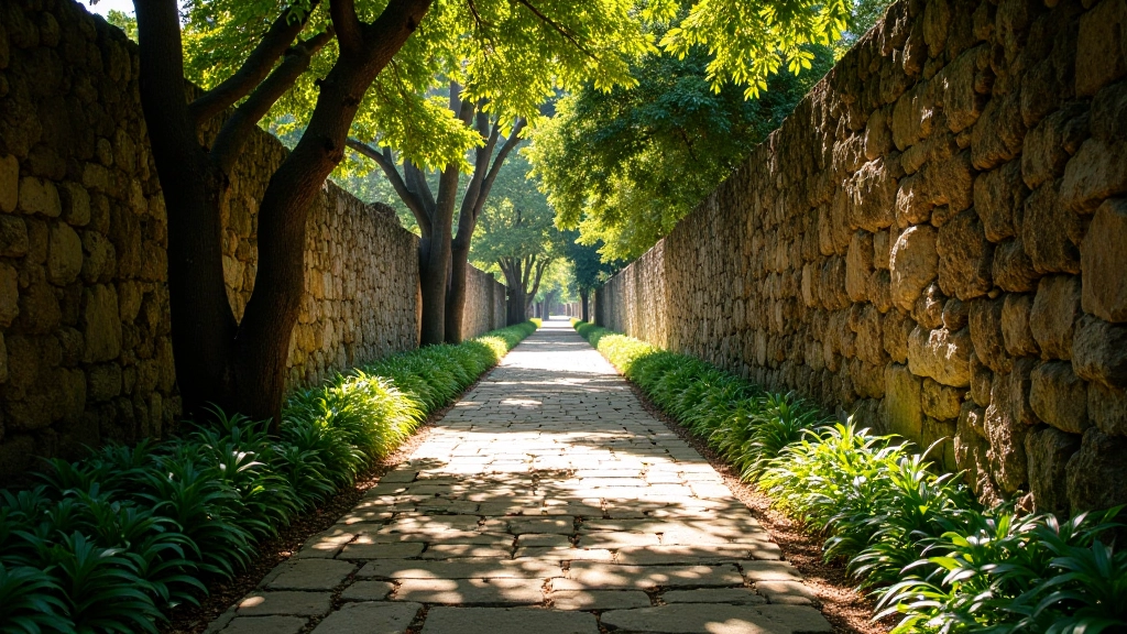 Sendero de piedra en las ruinas jesuíticas de San Ignacio Miní, rodeado de vegetación histórica y espacio para caminar con seguridad